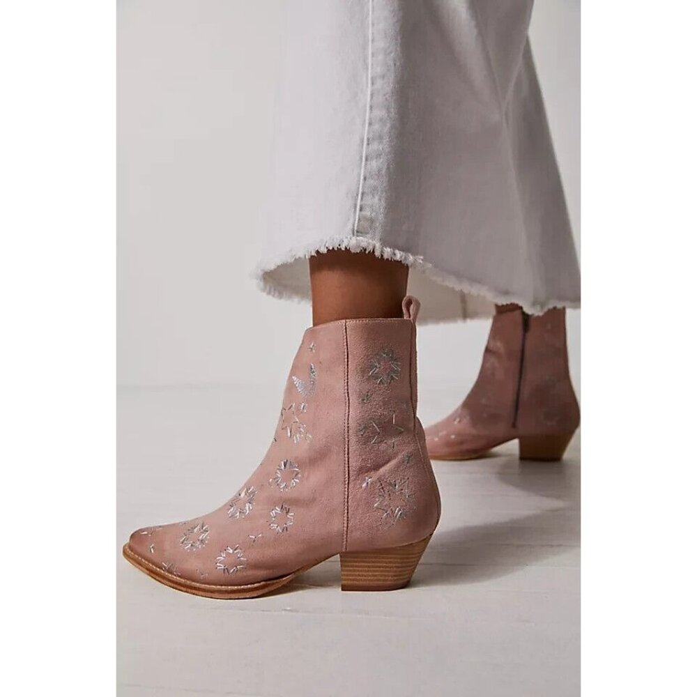 Free People Pink Suede Metallic Silver Bowers Embroidered Ankle Boots Size 36